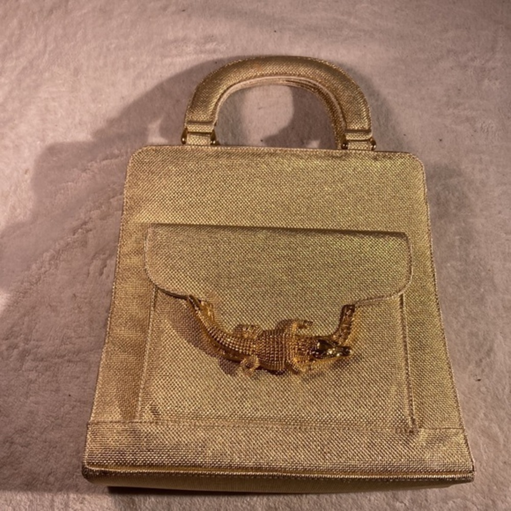 Vintage Textured Metallic Gold Top Handle Handbag With Alligator Accent Closure
